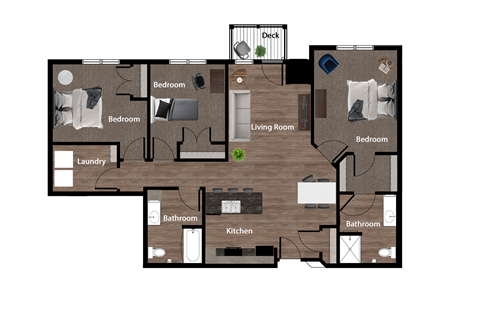 Floor plan for 3 beds, 2 baths, 1317 sqft